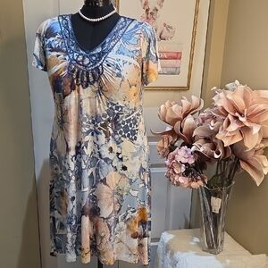 Nwot 1X One Worls Blue Floral Embellished V-Neck Tunic Dress
